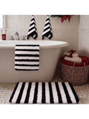 4 Pcs Black & White Striped Bathroom Rugs & Towels Set - Halloween Home Decor